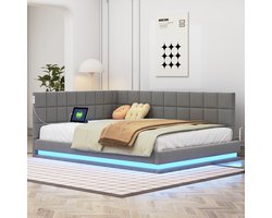 Polsterbed Slaapbank 140x200 cm - LED-verlichting, USB-oplaadpoort, Met Lattenbodem, Multifunctioneel - Grijs linnen