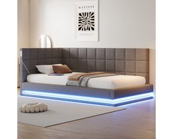 Polsterbed Slaapbank 90x200 cm - LED-verlichting - USB-laadfunctie - Multifunctioneel - Grijs linnen - Met lattenbodem - 150 kg draagkracht