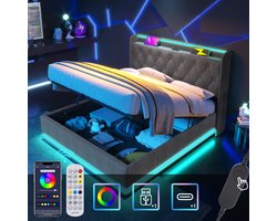 Polsterbed tweepersoonsbed – 160×200 cm – 360° LED-verlichting – Bediening via knop, app of afstandsbediening – Hydraulisch opbergbed – Grijze linnenstof – Verstevigd hoofdeinde met USB-Type-C-oplaadfunctie
