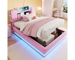 Polsterbed voor Kinderen - LED-verlichting - USB-aansluiting - Hydraulische opbergruimte - 90x200 cm - Zacht fluweel - Metalen frame - Roze