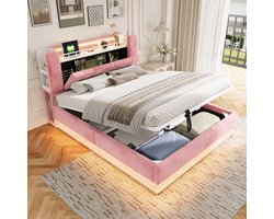 Polsterbett 160x200 cm - LED-verlichting - USB-oplaadfunctie - Hydraulische opbergruimte - Zachte fluwelen bekleding - Metalen frame - Roze