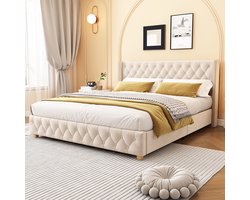 Polsterbett 160x200 cm - Met Lattenrost - Met Kopfteil - Knopfpolsterung - Nietenpolsterung - Fluweel - Hellbeige - Houten poten