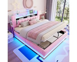 Polsterbett 180x200 cm - LED Verlichting - USB Poort - Hydraulische Opbergruimte - Zachte Fluweelbekleding - Metalen Frame - Roze