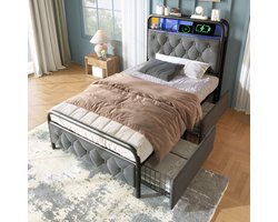 Polsterbett - Einzelbett - met aufladen USB Type C Ladefunktion - APP-Control LED Bettgestell - Metallbett - 90x200 - Bettrahmen - 2 Schubladen - Samt - Zonder Matras