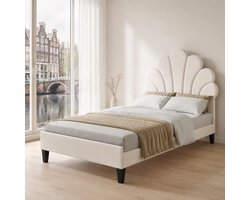 Polsterbett Kinderbett 90 x 200 cm, Bettgestell met bloemvormig hoofddeel in beige velvet, lattenbodem, tienerbed