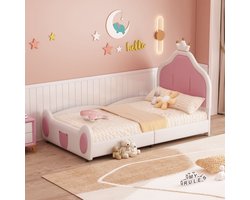 Polsterbett Kinderbett, 90*200 cm, Kopfteil mit Kranzleiste, kindliche Leistengestaltung am Kopf- und Fußende des Bettes, zweifarbiges Patchwork-Design, Kunstlederstoff, Weiß