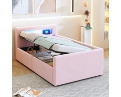 Polsterbett Kinderbett 90x200 cm - Met LED-verlichting, Nachtlicht & USB-oplaad, Plank, Hydraulische opbergruimte - Eenvoudig eenpersoonsbed, Jongens/Meisjes, Fluweelstof, Roze