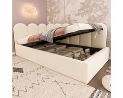 Polsterdagbed 90x200cm - Hydraulisch opbergruimte, fluweel, beige (zonder matras)