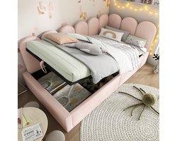 Polsterdagbed 90x200cm - Hydraulisch opbergruimte, fluweel, roze (zonder matras)