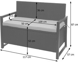 Poly-rattan 2-zitsbank MCW-F39, tuinbank kistbank, opbergvak opbergkussens zitting ~ grijs-gemêleerd, kussens groen