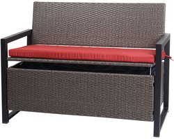 Poly-rattan 2-zitsbank MCW-F39, tuinbank kistbank, opbergvak opbergkussens zitting ~ grijs-gemêleerd, kussens rood