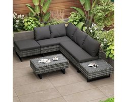 Poly-rotan set, tuinset, loungebank, tuinlounge voor 4-5 personen, lounge met hoekbank, tafel & kussens, afneembare en wasbare stoffen hoes, grijs