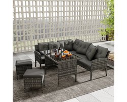 Poly rotan zitgroep eettafel lounge tuinmeubelen zitset tuin loungeset voor 7 personen, met bank, tafel, kruk & kussens, afneembare en wasbare stoffen hoes, grijs