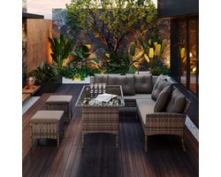 Poly rotan zitgroep eettafel lounge tuinmeubelen - zitsets tuinset - tuinlounge voor 7 personen - grijs