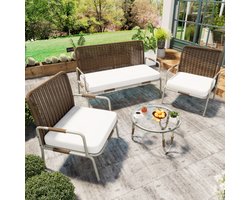 Poly rotan zitgroep, tuinmeubelset, tuinlounge voor 4 personen, met fauteuil, salontafel & kussens, afneembare en wasbare stoffen hoes, beige + wit + bruin