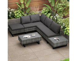 Polyester rotan set - tuinset - sofa lounge - tuinlounge voor 4-5 personen - lounge met hoekbank - tafel en kussen - grijs