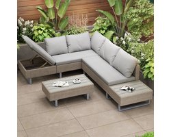 Polyester rotan set - tuinset zithoek sofa lounge - tuinlounge voor 4-5 personen - lounge met hoekbank - tafel en kussens - kaki