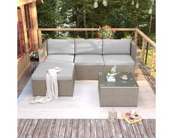 Polyrattan Lounge Bank Garnituur, Lounge Tuinmeubelen, Hoekbank, Bankstellen met Zit- en Rugkussens, Lounge Tafel met Glasplaat, Khaki