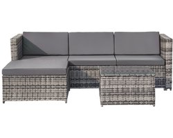 Polyrattan loungebankset, lounge tuinmeubelen, hoekbank, bankstel met zit- en rugkussens, loungetafel met glazen blad, ,grijs