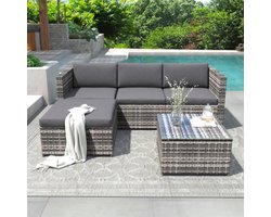 Polyrattan loungebankset, lounge tuinmeubelen, hoekbank, bankstel met zit- en rugkussens, loungetafel met glazen blad, grijs