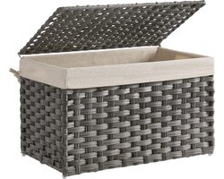 Polyrattan opbergdoos, opbergmand, 65 L wasmand, decoratieve kist met deksel, handgrepen en katoenen zak, rechthoekig, geweven, slaapkamer, wasruimte, grijs RST56WG