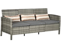 Polyrattan Tuinbank - 3 Zits - Rotanbank - Tuinmeubelen - Zitbank met Armleuningen en Kussens - Tuinligstoel - Balkonbank - Lounge Bank - Buitenbank - voor Tuin, Balkon en Terras - Rattan - Staal -Grijs