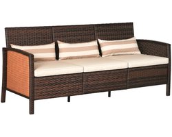Polyrattan Tuinbank - 3 Zits - Rotanbank - Tuinmeubelen - Zitbank met Armleuningen en Kussens - Tuinligstoel - Balkonbank - Lounge Bank - Buitenbank - voor Tuin, Balkon en Terras - Rattan - Staal - Bruin