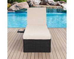 Polyrattan Tuinligbed met Verstelbare Rugleuning, Inklapbare Tafel & Comfortabele Kussens – 200x58 cm – Zwart/Cream – Weerbestendig Tuinbank Ligstoel SunloungerMedahomeStore