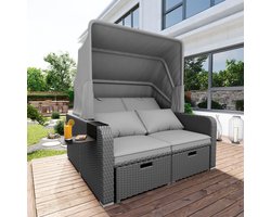Polyrattan Tuinmeubelen voor 2 personen, Tuinbank, Loungebank, Afneembare Markies, Polyrattan en Schuim, Grijs