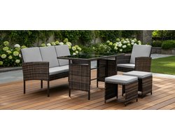 Polyrattan Tuinset Denver – 7-Persoons - Bruin - – 7-Persoons Moderne Tuinmeubelset Glazen - Medahomestore
