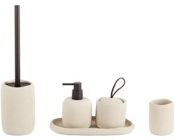 Polyresin Badkamer Accessoires Set - 5-delig - Zeepdispenser - Toiletborstel - Tandenborstelhouder & Tray - Beige - Luxe Afwerking - Natuurlijke Look