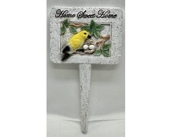Polyresin deco tuinsteker met dierfiguur "home sweet home" - gele vogel - Hoogte 19 x 12 x 1 cm - Woonaccessoires - Woondecoratie - Tuinaccessoires - Tuindecoratie