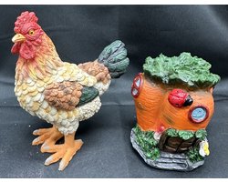 Polyresin decoratie "Haan en Wortelhuisje" - Set van 2 stuks - meerkleurig - Hoogte 13 x 10 x 5 cm + 8.5 x 8 x 7 cm - Woonaccessoires - Woondecoratie - Decoratieve beeldjes