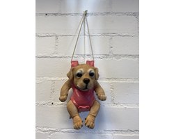 Polyresin hangend (tuin) dier "hond" - hond + roze - hoogte 40x17x11 cm - ophangtouw - Voor binnen of buiten - Tuinaccessoires - Woonaccessoires