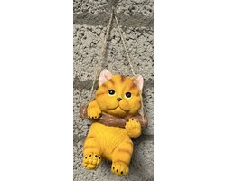 Polyresin hangend (tuin) dier "kat" - oranje + streepjes - hoogte 15x10x8 cm - ophangtouw - Voor binnen of buiten - Tuinaccessoires - Woonaccessoires