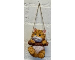 Polyresin hangend (tuin) dier "kat" - rood - hoogte 15x10x8 cm - ophangtouw - Voor binnen of buiten - Tuinaccessoires - Woonaccessoires