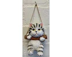 Polyresin hangend (tuin) dier "kat" - wit + grijs - hoogte 15x10x8 cm - ophangtouw - Voor binnen of buiten - Tuinaccessoires - Woonaccessoires