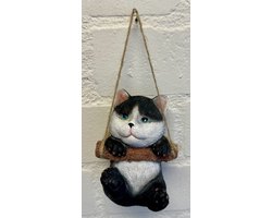 Polyresin hangend (tuin) dier "kat" - zwart + wit - hoogte 15x10x8 cm - ophangtouw - Voor binnen of buiten - Tuinaccessoires - Woonaccessoires