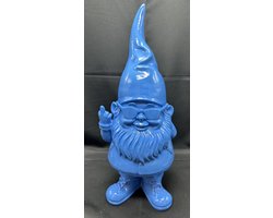 Polyresin kabouter met " Zonnebril & F*ck You Vinger" - blauw - Hoogte 30 x 13 x 10 cm - Woonaccessoires - Kabouters - Decoratieve beelden