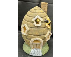 Polyresin solarlamp "Bijen huisje" - meerkleurig - warm witte LED - staand model - hoogte 22 x 16 x 13 cm - Tuindecoratie - Tuinverlichting