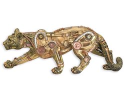 Polyresin steampunk panter beeld – decoratief panterbeeld met tandwielen – industriële woondecoratie voor woonkamer of kantoor
