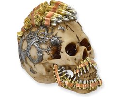 Polyresin Steampunk schedel met Kogelriem – Decoratief Schedel Beeld voor Industriële Woondecoratie – Steampunk Beeld voor Woonkamer of Kantoor