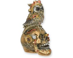 Polyresin steampunk schedel met uil – decoratieve steampunk figurine met tandwielen – unieke woondecoratie voor woonkamer of kantoor