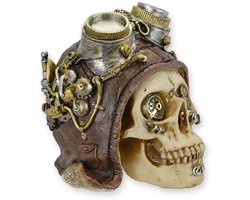 Polyresin Steampunk Skull – Decoratief Schedelbeeld met Industriële Tandwielen – Unieke Steampunk Woondecoratie voor Woonkamer of Kantoor