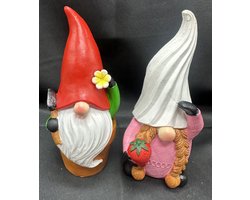 Polyresin tropische (tuin) kabouters " Kabouter in bloempot en rode muts en Kabouter met wit ijsje muts " - Set van 2 stuks - meerkleurig - Hoogte 13 x 8 x 6 cm - Woonaccessoires - Tuinaccessoires - Tuindecoratie