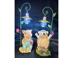 Polyresin (tuin)dieren met lantaarn + LED bloem - set van 2 stuks - Varken + Egel - Hoogte 24 x 10 x 7 cm - Woonaccessoires - Tuinaccessoires - Tuindecoratie