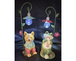 Polyresin (tuin)dieren met lantaarn + LED bloem - set van 2 stuks - Vos + Kikker - Hoogte 24 x 10 x 7 cm - Woonaccessoires - Tuinaccessoires - Tuindecoratie