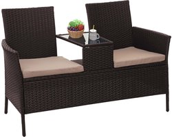 Polyrotan bank met tafel MCW-E24, tuinbank zitgroep tuinset, 132 cm ~ bruin, kussens crème