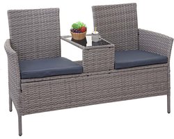 Polyrotan bank met tafel MCW-E24, tuinbank zitgroep tuinset, 132 cm ~ grijs, kussens donkergrijs