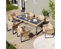 Polyrotan eettafel- en stoelenset, tuinmeubelen, 6-persoons tuin eetgroep met fauteuils, afneembare en wasbare stoffen hoezen